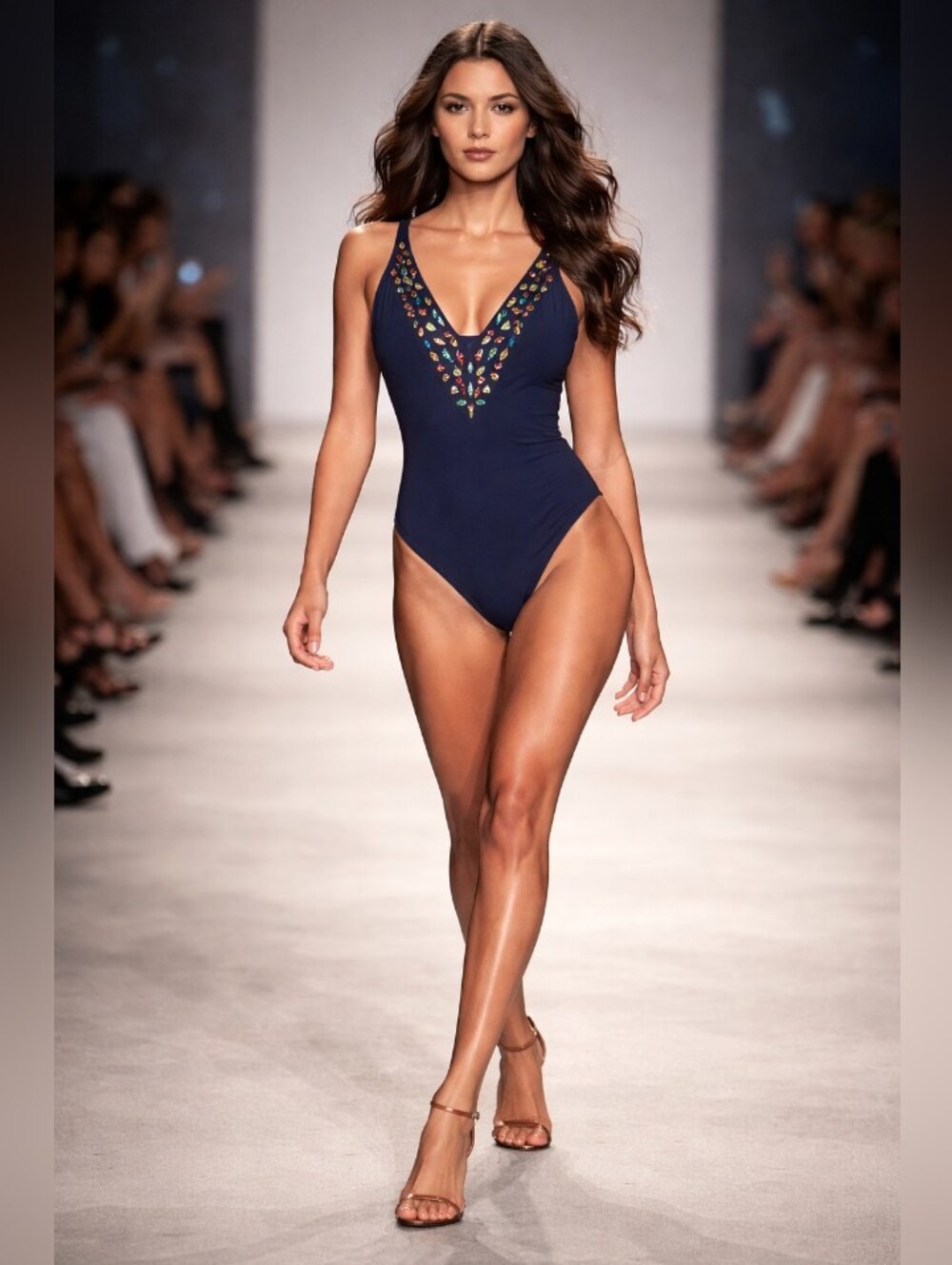Navy One-Piece Swimsuit with Embellished V-Neck